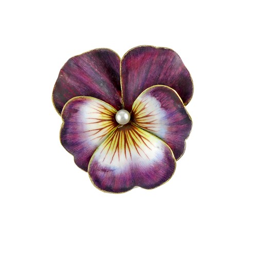 Antique mauve enamel and pearl large pansy brooch-pendant, c.1900, the upper petals and lower petals edges in purplish-mauve,
